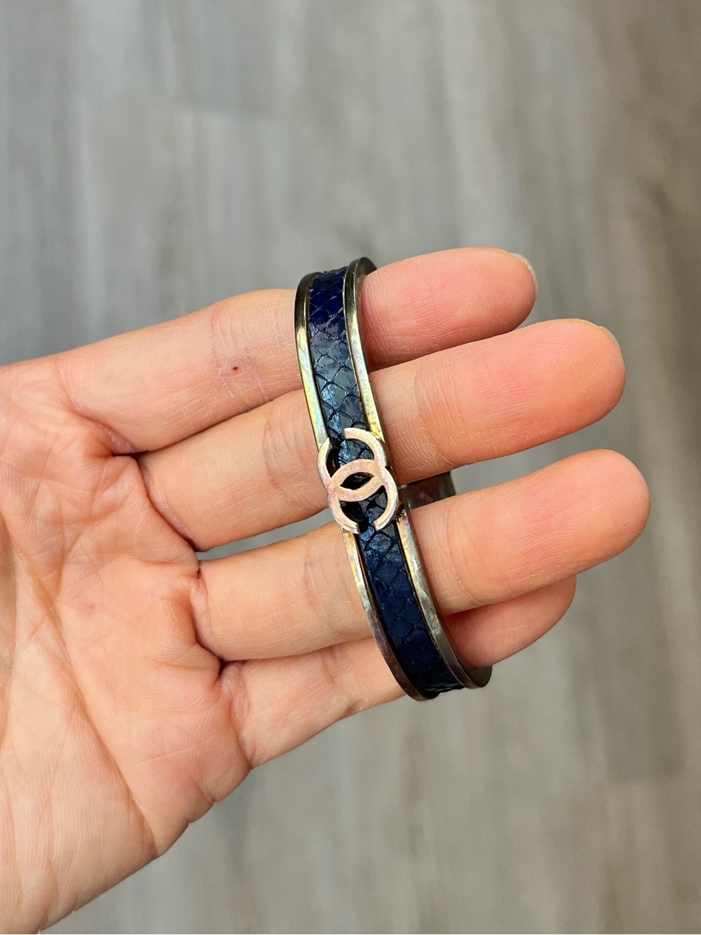 1970S Chanel Interlocking CC Cuff Bracelet Blue Snakeskin RARE Vintage